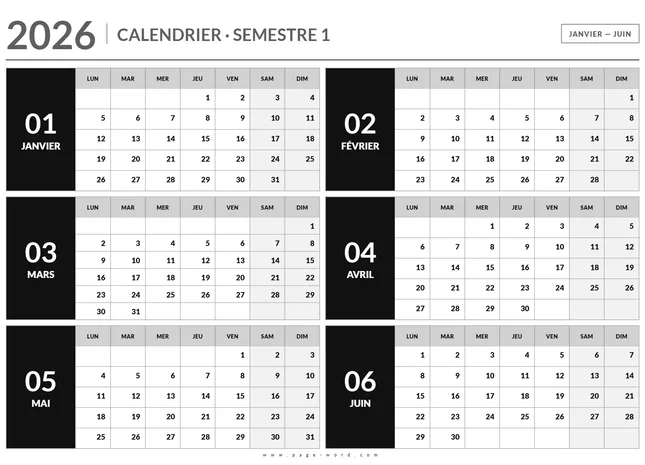 Calendrier du premier semestre 2026