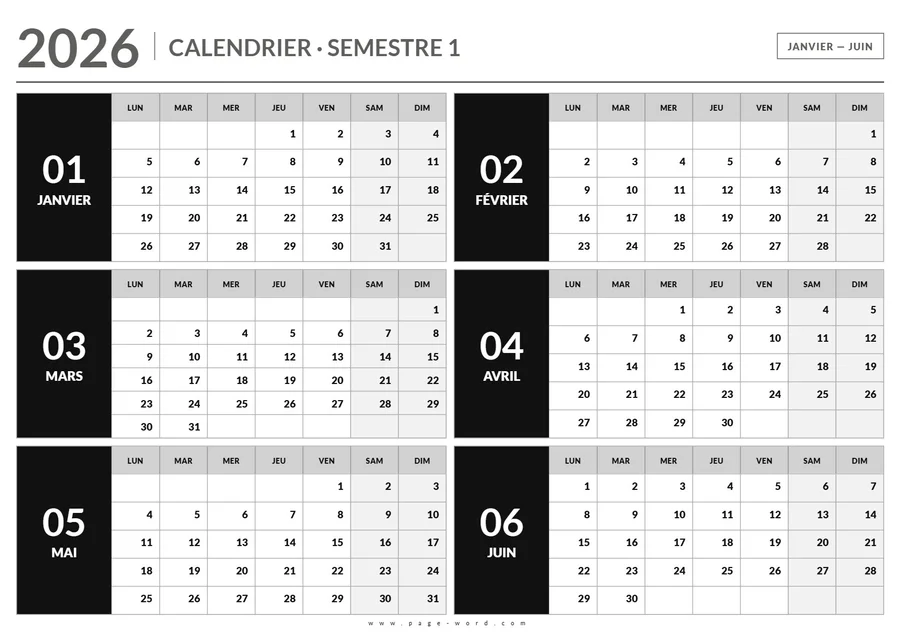 Calendrier du premier semestre 2026