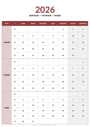 Calendrier du 1ere trimestre 2026