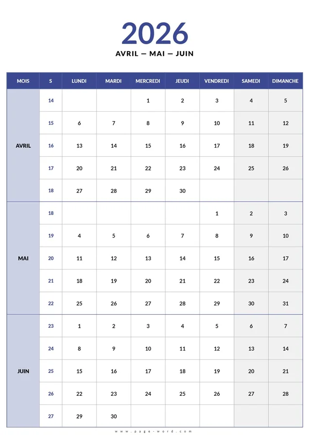 Calendrier du 2e trimestre 2026