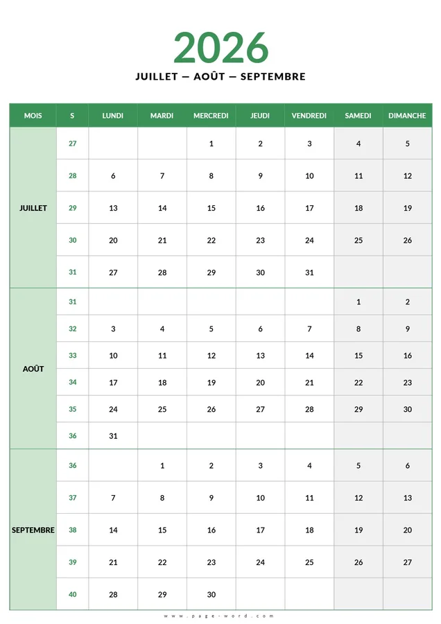 Calendrier du 3e trimestre 2026