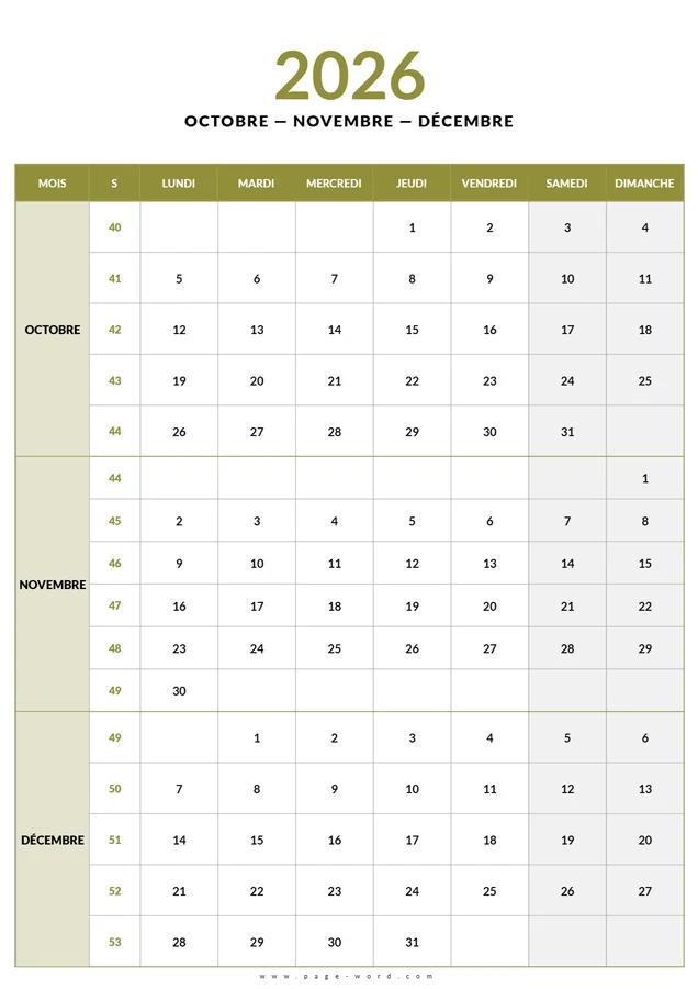 Calendrier du 4e trimestre 2026