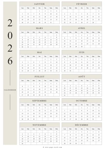 Calendrier annuel 2026 Word avec année latérale
