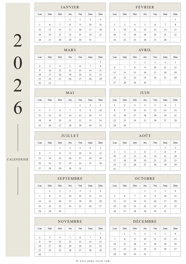 Calendrier annuel 2026 Word avec année latérale