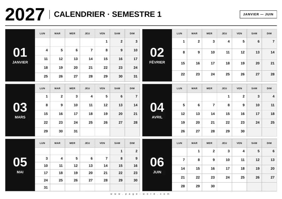 calendrier premier semestre 2027 janvier à juin