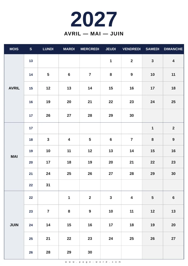 calendrier avril mai juin 2027