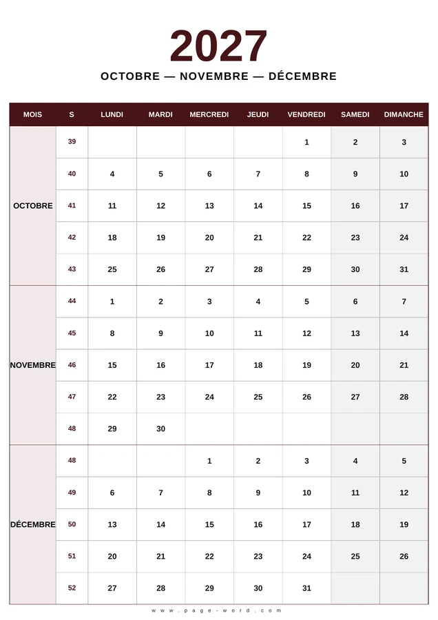 calendrier octobre novembre décembre 2027