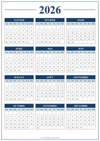 Calendrier annuel 2026 Word
