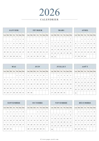 Calendrier annuel 2026 Word - classique