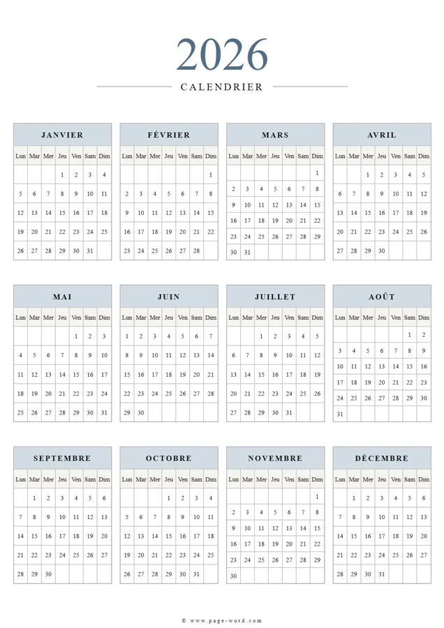 Calendrier annuel 2026 Word - classique