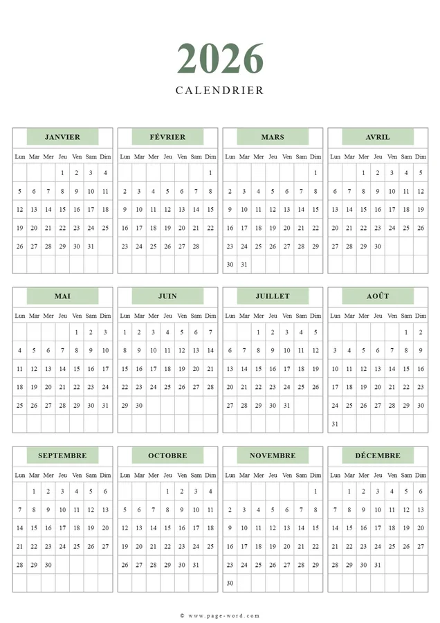 Calendrier annuel 2026 Word - moderne et épuré