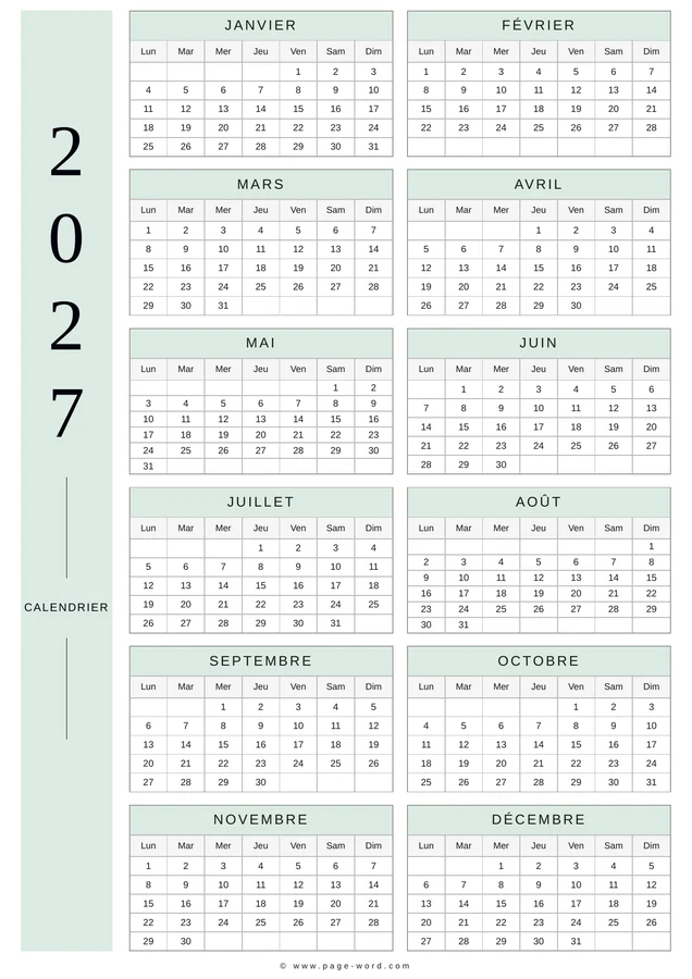 calendrier 2027 avec année verticale