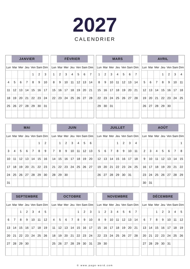 calendrier 2027 classique gris une page