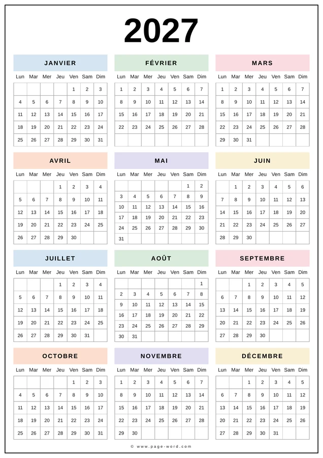 calendrier 2027 coloré pastel
