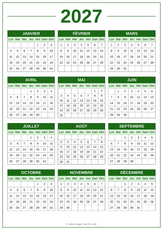 calendrier 2027 à imprimer
