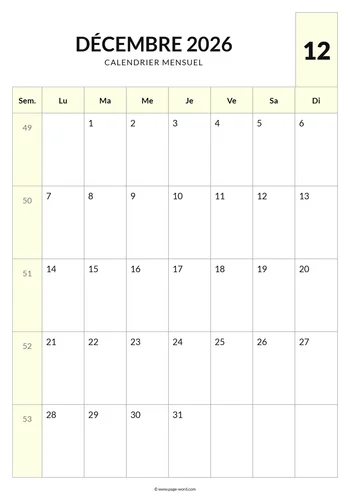 Calendrier du mois de Décembre 2026
