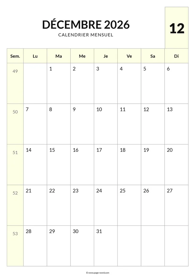 Calendrier du mois de Décembre 2026