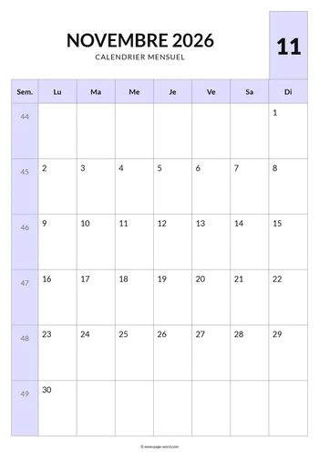 Calendrier du mois de Novembre 2026