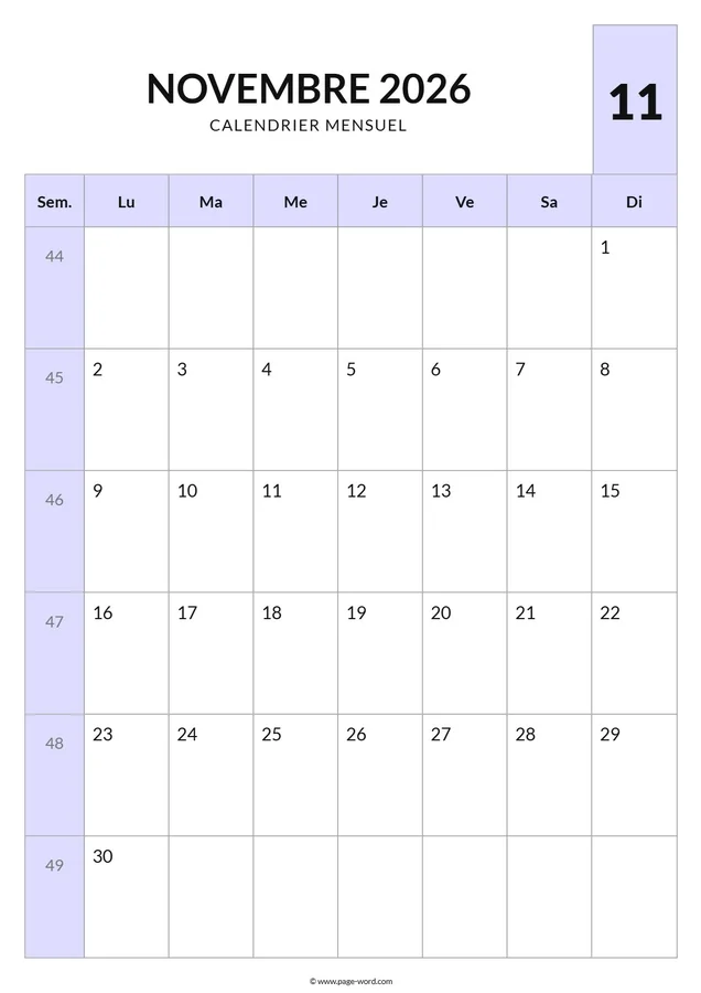 Calendrier du mois de Novembre 2026