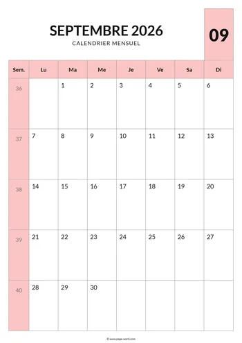 Calendrier du mois de Septembre 2026