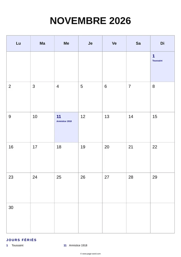 calendrier novembre 2026 avec jours fériés — Bleu