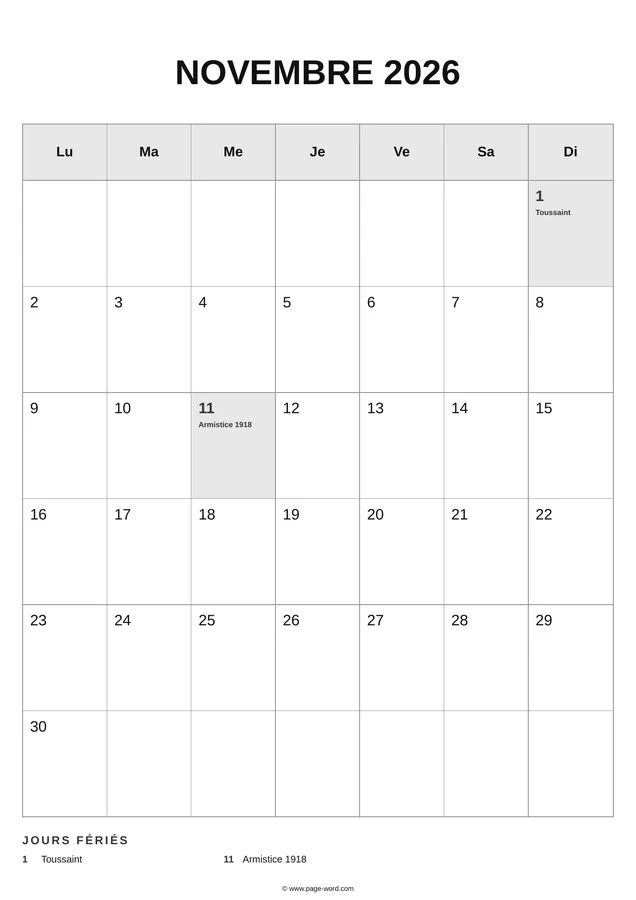 calendrier novembre 2026 à imprimer