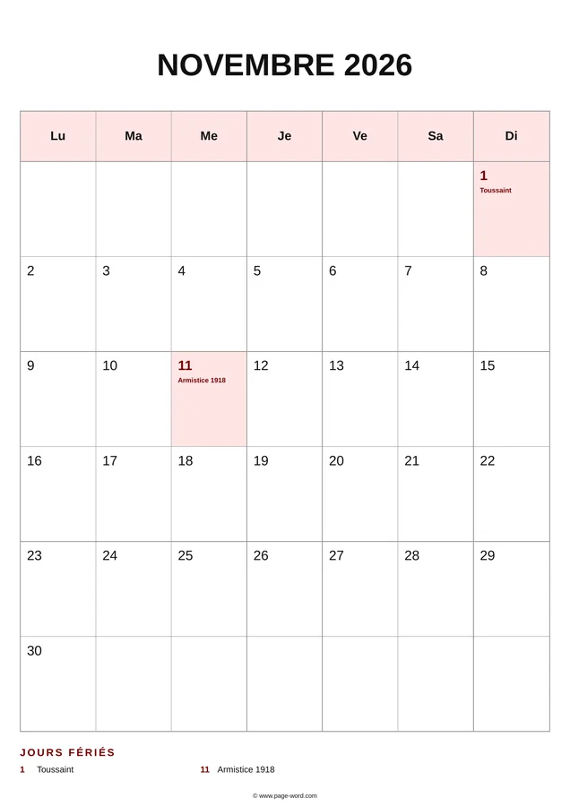 calendrier novembre 2026 avec jours fériés — Rouge