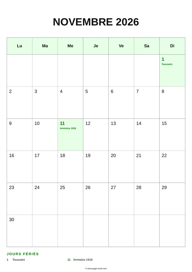 calendrier novembre 2026 avec jours fériés — Vert