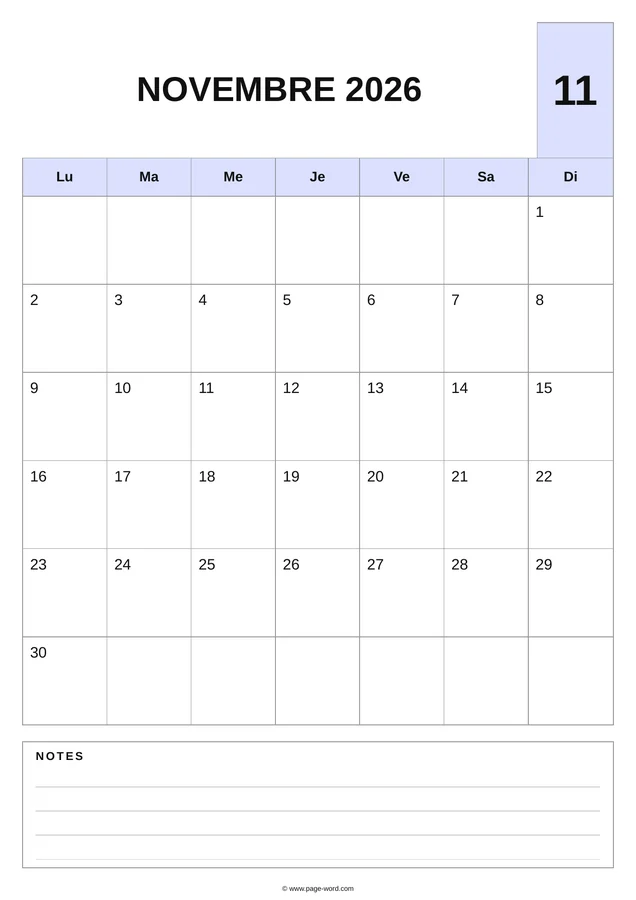 calendrier novembre 2026 avec notes — Bleu