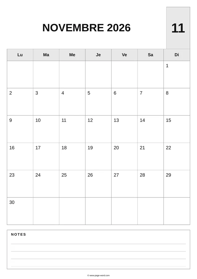 calendrier novembre 2026 avec notes — Gris
