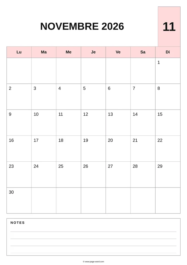 calendrier novembre 2026 avec notes — Rouge
