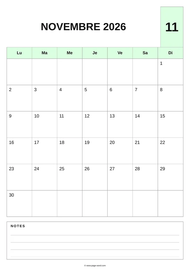 calendrier novembre 2026 avec notes — Vert