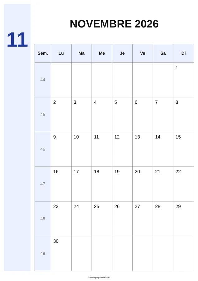 calendrier novembre 2026 avec numéros de semaines — Bleu