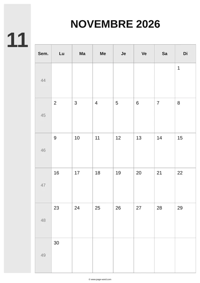 calendrier novembre 2026 avec numéros de semaines — Gris