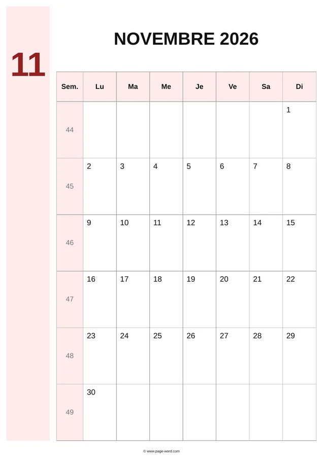 calendrier novembre 2026 avec numéros de semaines — Rouge