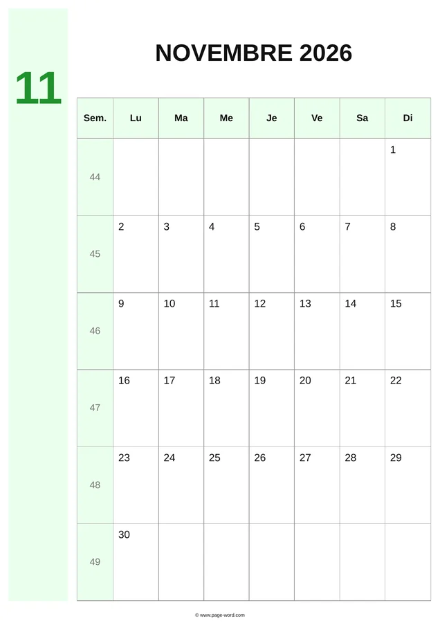 calendrier novembre 2026 avec numéros de semaines — Vert