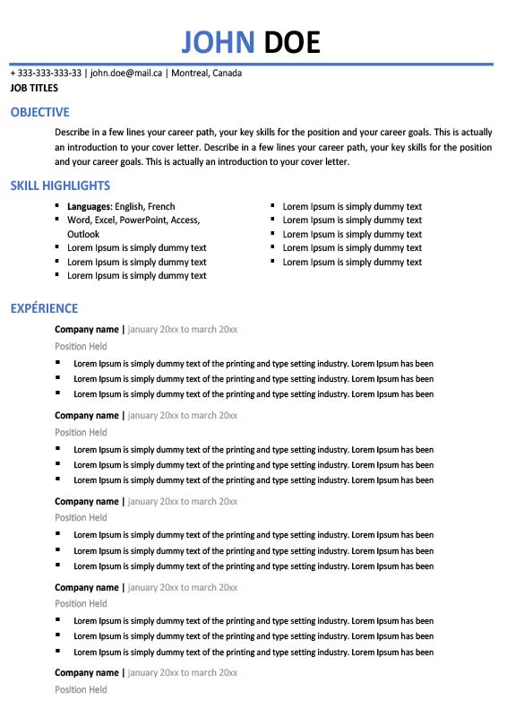 Mod le De CV En Anglais Canadien Au Format Word PDF