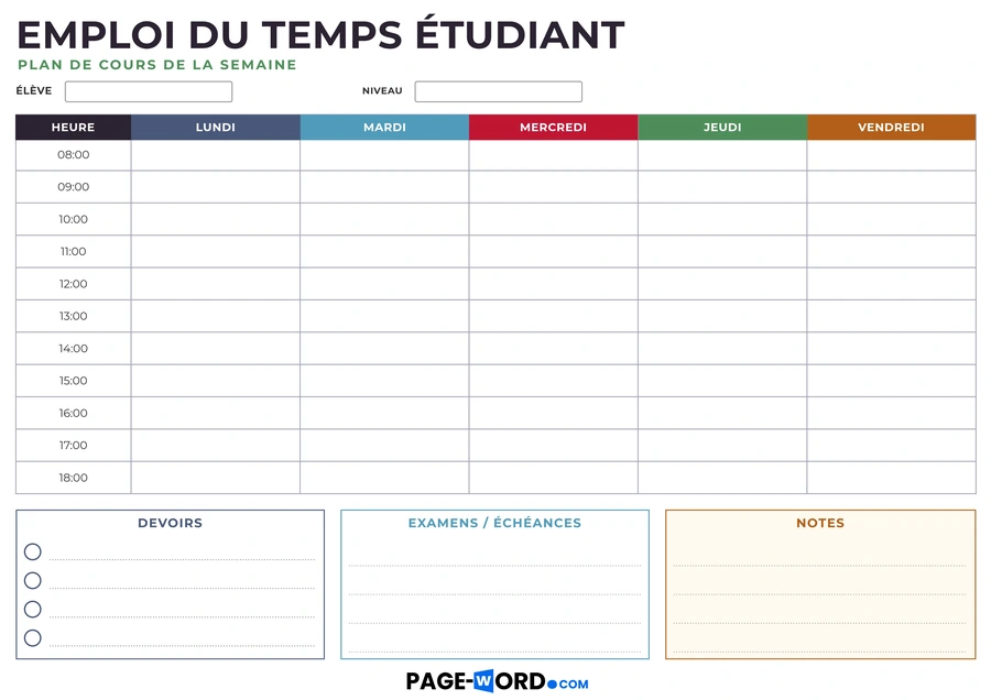 Modèle d’emploi du temps avec devoirs et examens