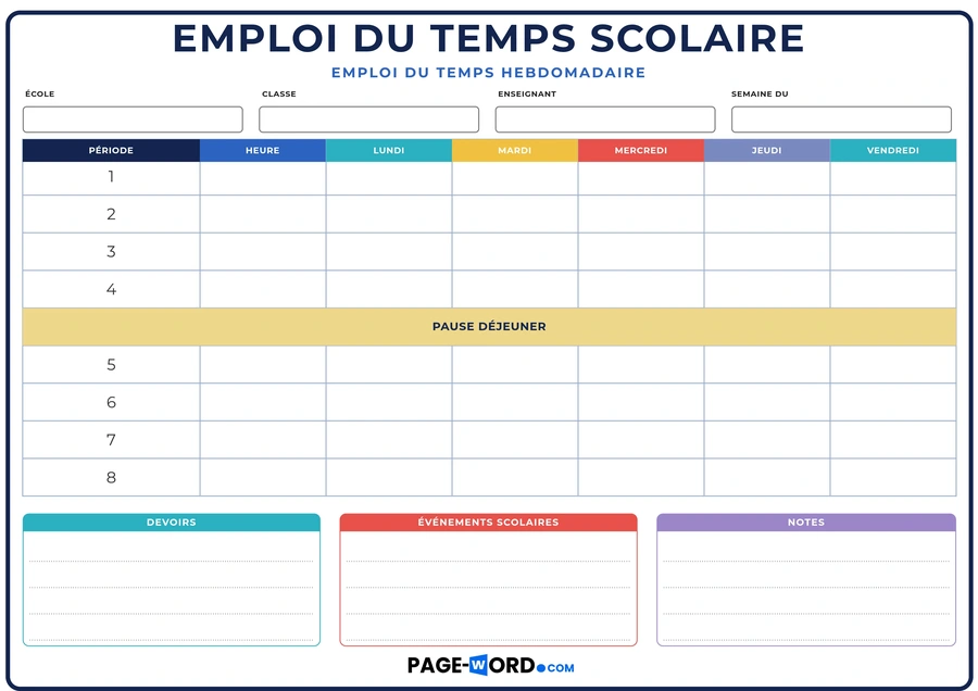 emploi du temps scolaire coloré