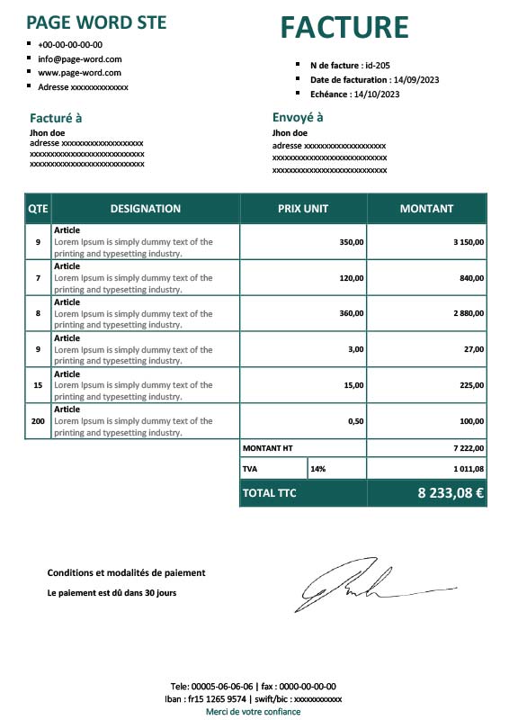 Facture Pro-forma au format Word