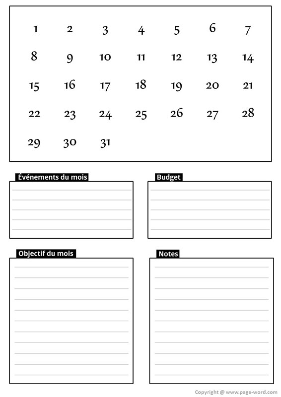 modèle de planning mensuel PDF gratuit