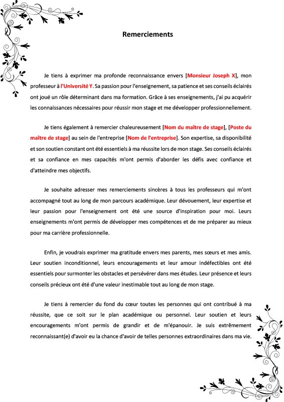 Remerciement de rapport de stage word