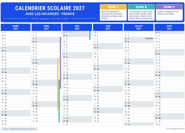 Calendrier des vacances scolaires 2026-2027 en France – 2eme semestre