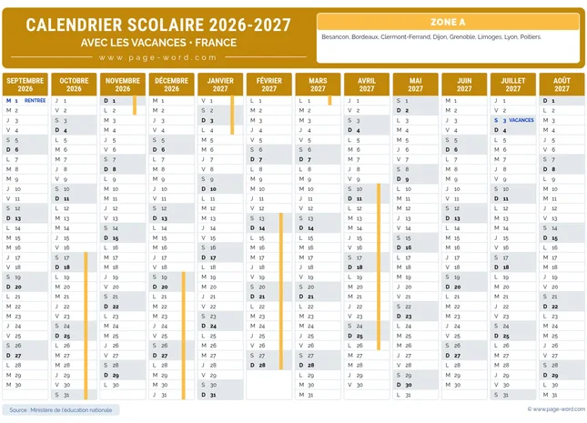 Calendrier des vacances scolaires 2026-2027 de la zone A