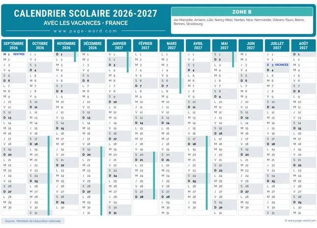 Calendrier des vacances scolaires 2026-2027 de la zone B