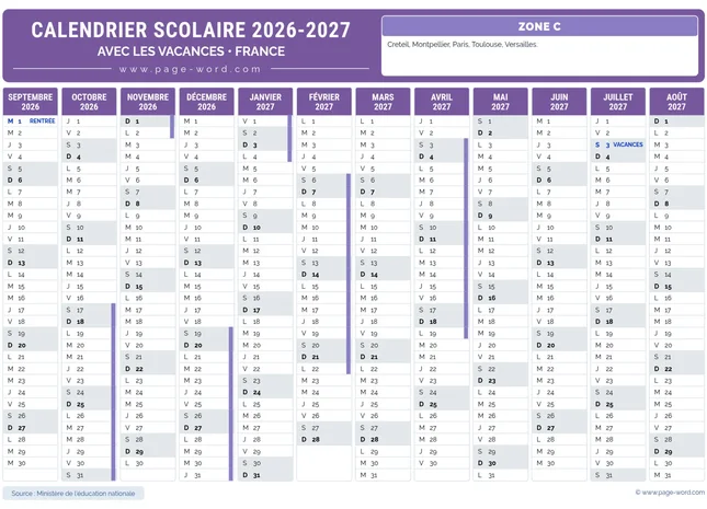 Calendrier des vacances scolaires 2026-2027 de la zone C